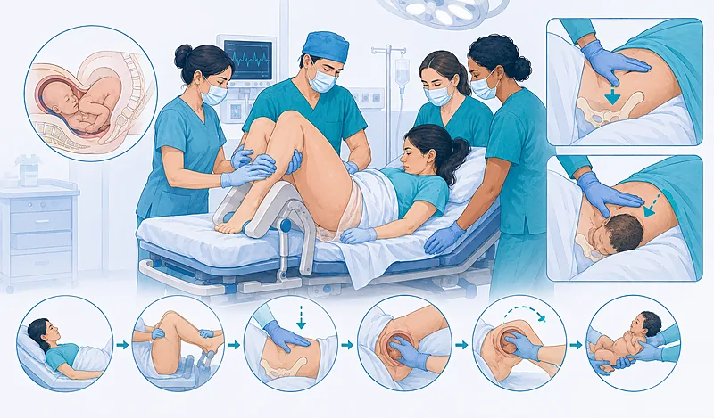 Stepwise shoulder dystocia maneuvers showing McRoberts positioning, suprapubic pressure, and internal rotation during obstetric emergency
