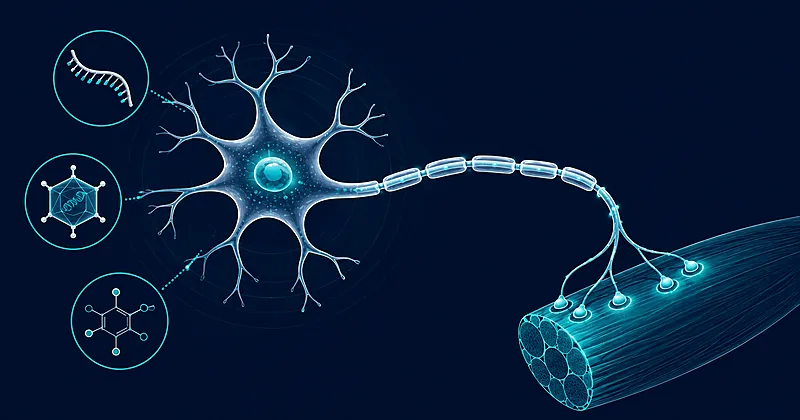 Illustration of SMA disease-modifying therapies acting on a motor neuron and muscle fibre