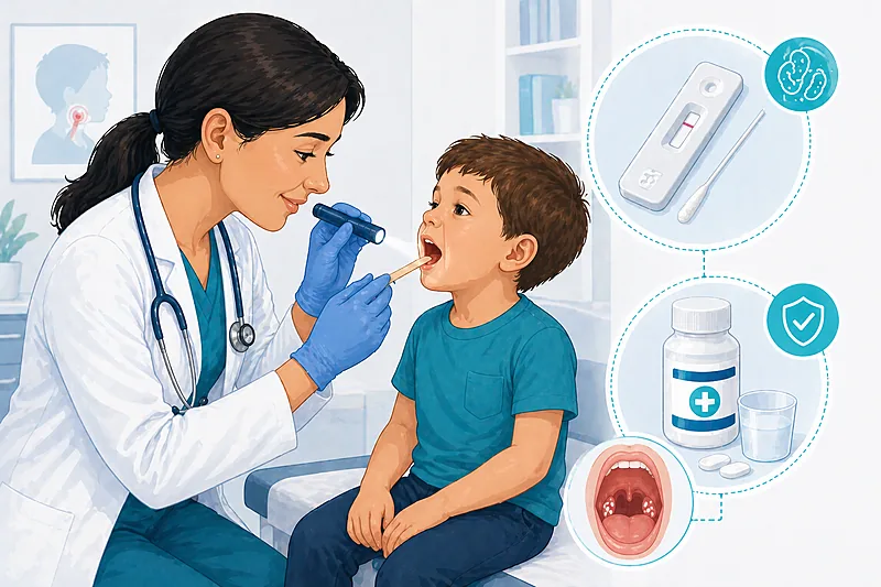 Clinical decision pathway for strep throat in children showing Centor/McIsaac scoring, rapid antigen and molecular testing, and first-line antibiotic selection