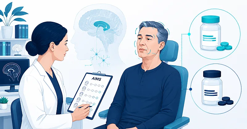 Clinical approach to tardive dyskinesia treatment showing VMAT2 inhibitor selection between valbenazine and deutetrabenazine for adults