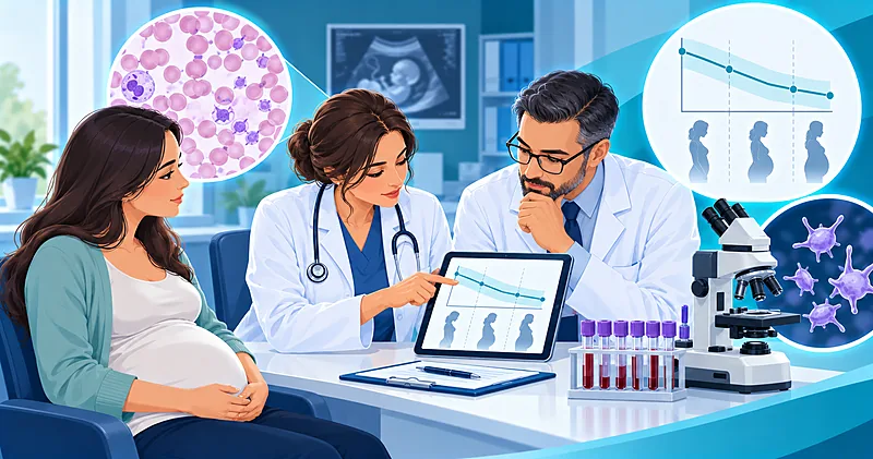 Thrombocytopenia in pregnancy workup: obstetrician and haematologist reviewing a platelet count trend and blood film for a pregnant patient