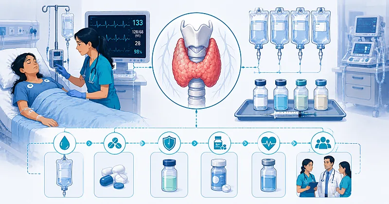 Sequenced thyroid storm treatment pathway in adults showing beta-blockade, thionamide, iodine timing, and supportive care steps