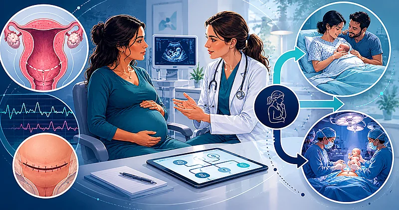 Clinical pathway for TOLAC counseling beyond VBAC eligibility showing risk individualization, induction decisions, and intrapartum monitoring