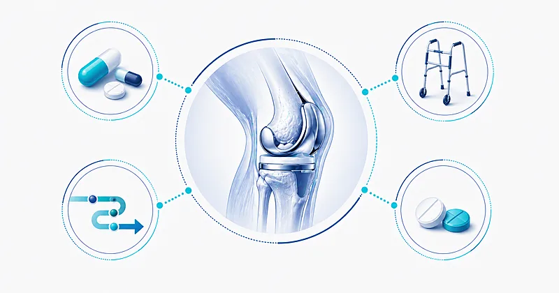 Total knee arthroplasty recovery diagram showing ERAS multimodal analgesia, early mobilization, and VTE prophylaxis components