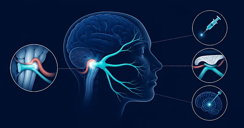 Trigeminal neuralgia treatment overview showing nerve anatomy, neurovascular compression at the root entry zone, and surgical targets