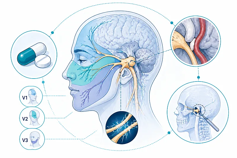 Clinical decision pathway for trigeminal neuralgia treatment showing diagnosis, first-line medical therapy, and surgical escalation options