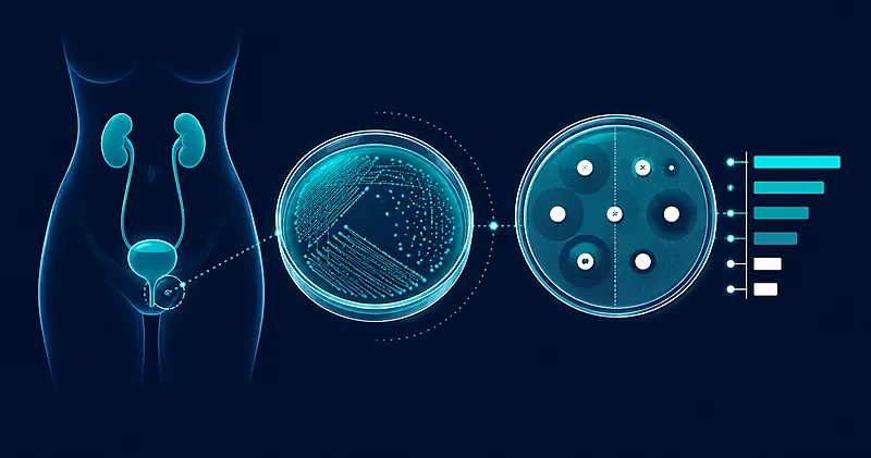 Antibiogram-guided uncomplicated UTI treatment: culture plate and susceptibility discs illustrating first-line agent selection.