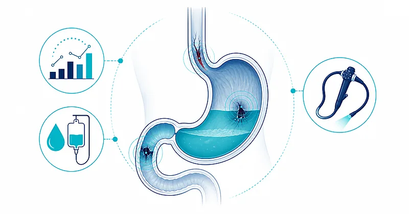 Upper gastrointestinal bleeding management showing risk scoring, transfusion threshold, and endoscopy timing pathway