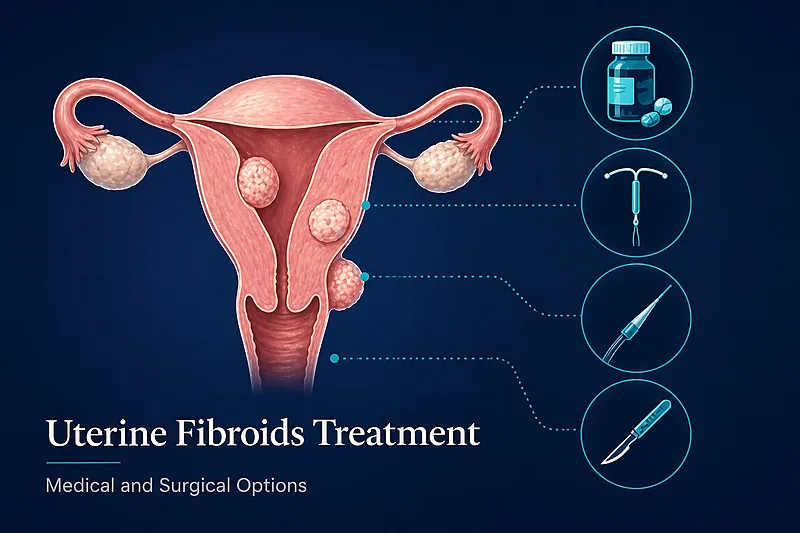 Uterine fibroids treatment decision pathway showing FIGO classification, symptom triage, and medical versus surgical options
