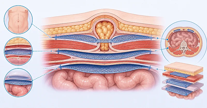 Cross-sectional view of abdominal wall layers used in ventral hernia repair showing onlay, inlay, sublay retromuscular, and intraperitoneal mesh planes