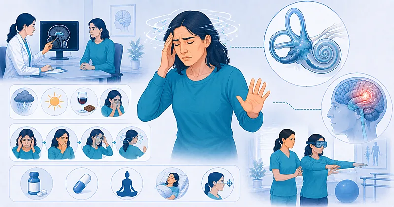 Clinical approach to vestibular migraine treatment in adults showing diagnostic criteria, differential workup, and prophylactic options