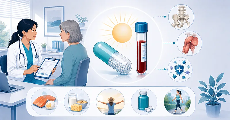 Clinical approach to vitamin D deficiency testing and treatment in primary care showing serum thresholds and supplementation dosing