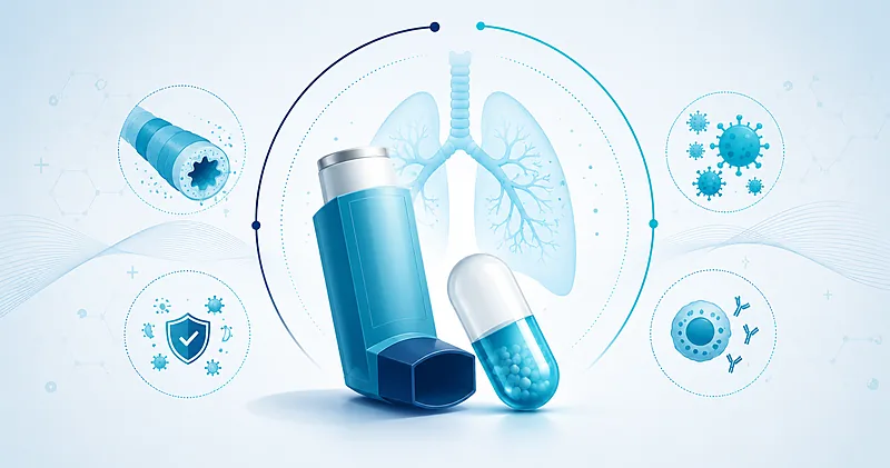 Vitamin D pediatric asthma evidence review: inhaler and vitamin D supplement capsule illustration on navy and teal gradient