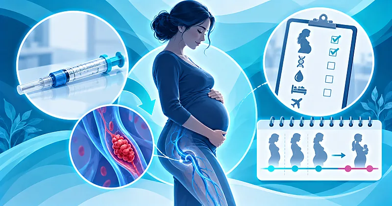 VTE in pregnancy care pathway showing risk scoring, low-dose LMWH prophylaxis, diagnostic imaging, and anticoagulation around delivery