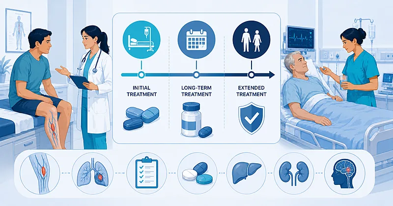 VTE treatment decision overview for adults showing DOAC selection, phases of anticoagulation, and duration of therapy
