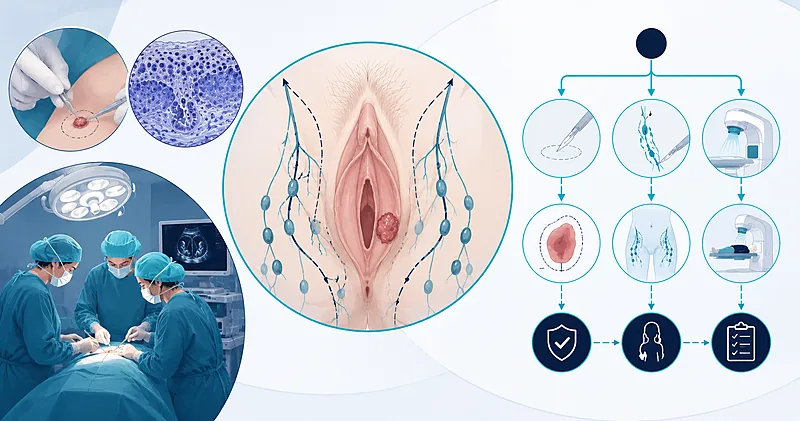 Clinical decision pathway for vulvar cancer treatment showing biopsy site selection sentinel lymph node mapping and surgical margins