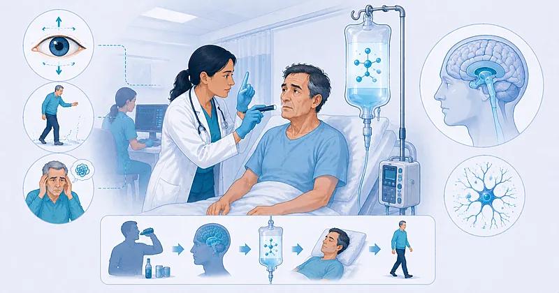 Clinical approach to Wernicke encephalopathy diagnosis showing the classic triad and empiric parenteral thiamine repletion